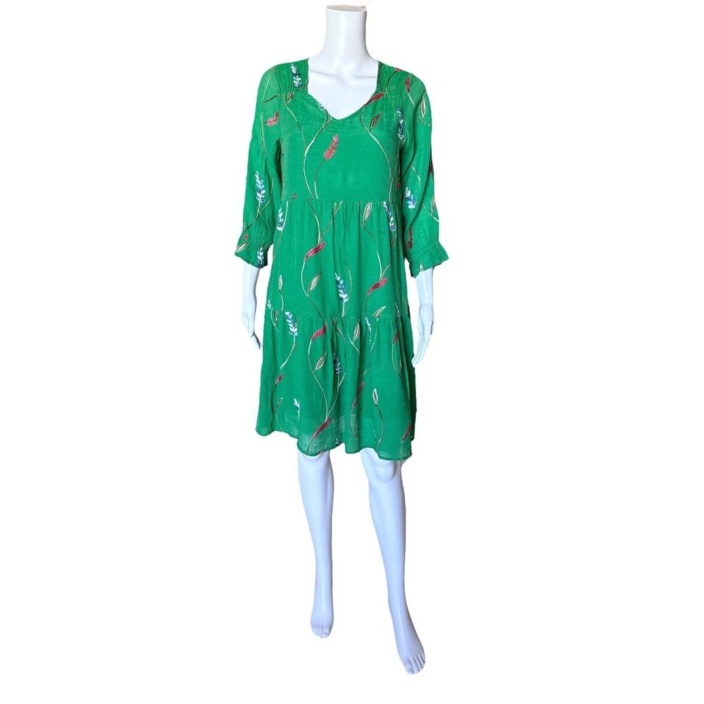 Sapphire Womens Small Green Embroidered Floral V Neck 3/4 Sleeve Boho Dress
